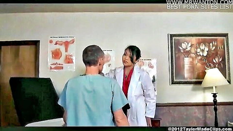 Mika Tan as sexy Asian doctor examining male patient in office