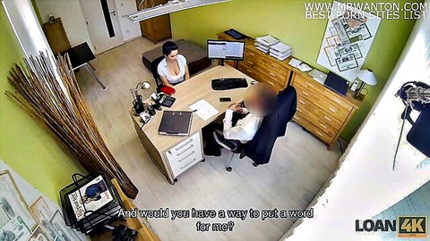 Sexy office babe in red pants interviews suited man for loan in Czech casting video