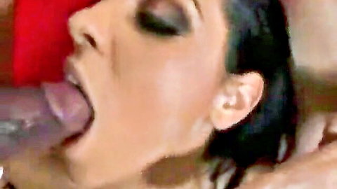 Brunette teen performing intense blowjob in cum orgy scene