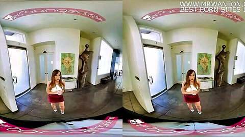 Busty Asian boss in red mini dress dominating employee in VR porn