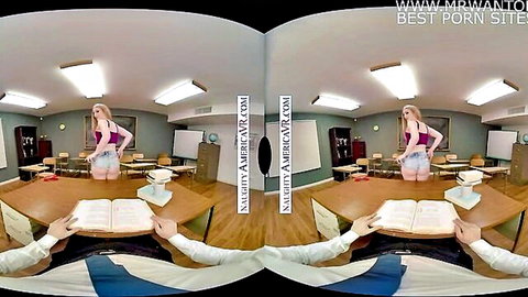 Emma Starletto flirting in classroom, bending over in mini skirt, Naughty America VR