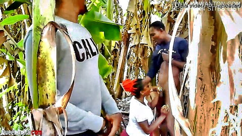Ebony woman threesome with father and son in bush, amateur oral and squirting