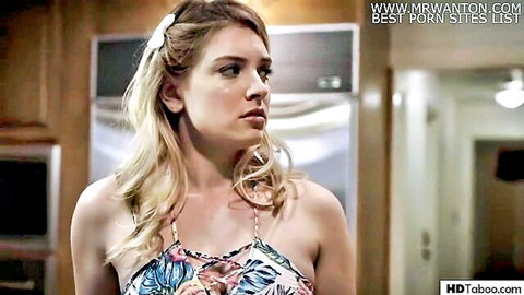 Giselle Palmer in floral sundress, surprised expression in taboo scene