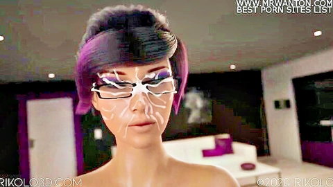 Purple-haired Asian woman with cum facial in corporate futanari training scene