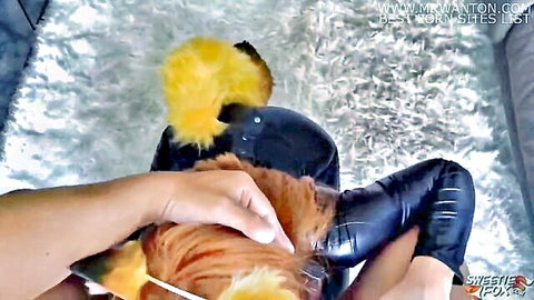 Foxy furry girl in collar and latex deep sucking big black dildo POV
