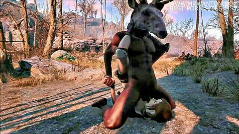 Muscular black man pounds masked tribal woman doggy style in Fallout wasteland
