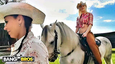 Rachel Starr and Karen Fisher in cowgirl outfits on dude ranch horse BangBros