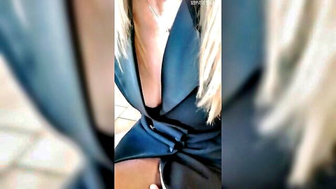 Blonde model Sara teasing cleavage in open navy blazer at sexy dinner