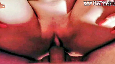 Closeup of thick cock penetrating shaved pink pussy with cum creampie dripping out