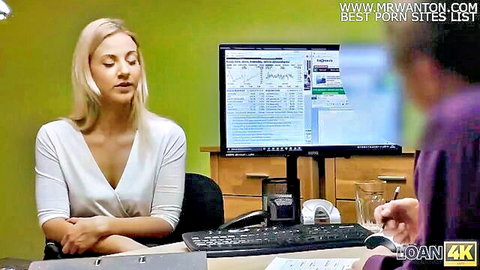 Blonde amateur in white blouse meets loan agent in office setup