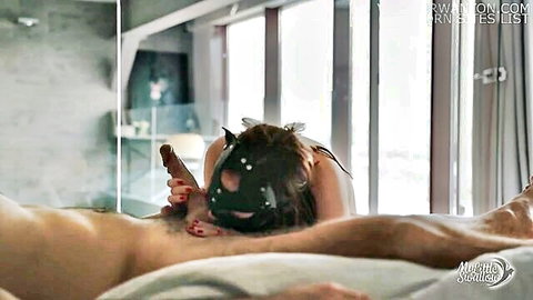 My Little Swallow in sexy mask strokes hard cock before CIM blowjob
