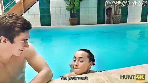 Rich guy seduces brunette girlfriend in pool, cuckold watches - Hunt4K
