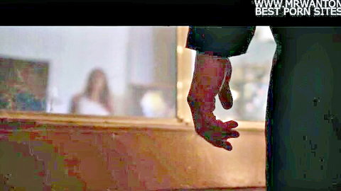 Horror-themed adult scene: mysterious blonde woman in white dress, shadowy hand reaching out