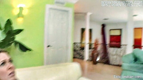 Blonde MILF with glasses seduces stepdaughter on couch