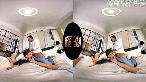 Brunette babe in double blowjob with two fit guys in intense VR taboo threesome