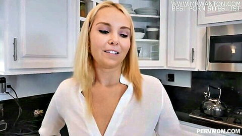 Blonde stepmom in unbuttoned white blouse showing cleavage