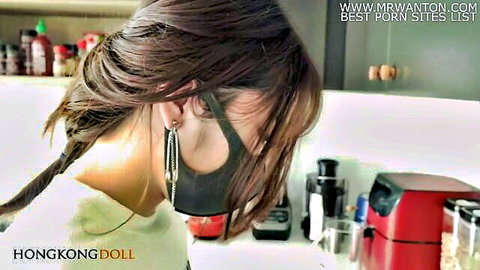 Petite East Asian Hong Kong Doll in mask and kitchen amateur POV tease
