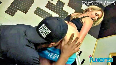 Blonde MILF Courtney Cummz fucked from behind in gym by black stud