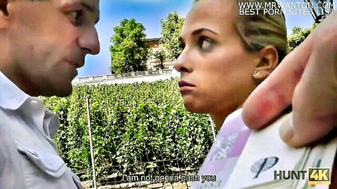 Blonde confronts suited man outdoors in tense Hunt4K cuckold scene