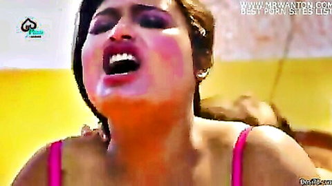 Ecstatic Indian woman in pink top moaning passionately