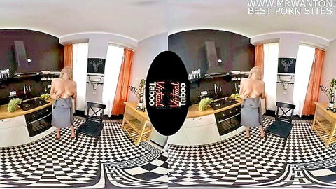Blonde MILF in high heels bends over kitchen counter exposing huge ass and shaved pussy in taboo VR