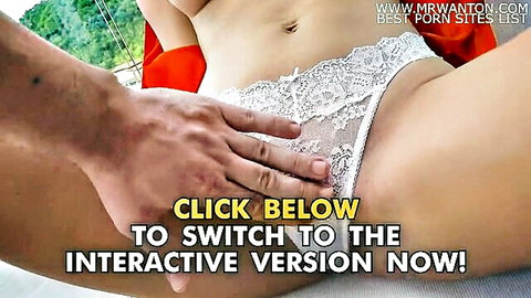 Angel in red top and white lace panties teased by hand on crotch