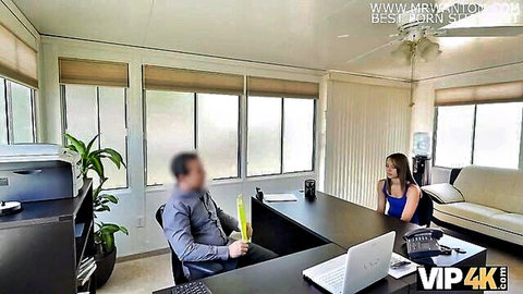 Brunette college girl in blue top at loan desk interview, VIP4K