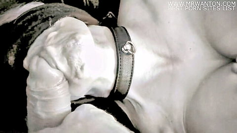 MILF with thick facial cumshot dripping from open mouth onto chin wearing leather collar