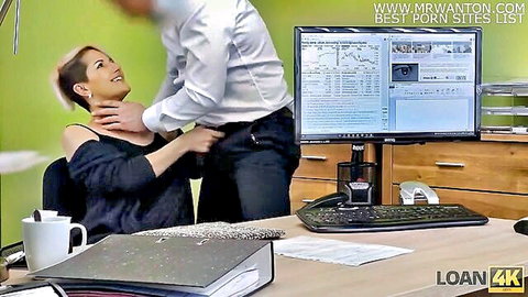 Blonde office girl smiles as suited man grabs her throat and gropes her crotch