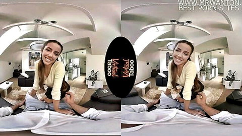 Smiling brunette in yellow top grabs man's crotch bulge in taboo VR POV tease