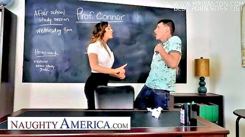 Brunette teacher Prof Conner flirts with student in after-school classroom Naughty America