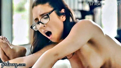 Nerdy brunette with glasses nude in ecstasy, lesbian AI seduction scene