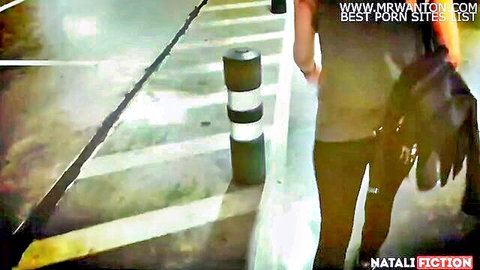 Natalia walking in public parking lot before blowjob and cum in mouth scene