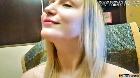 Stacy Starando blonde beauty smiles in selfie for big dick blowjob