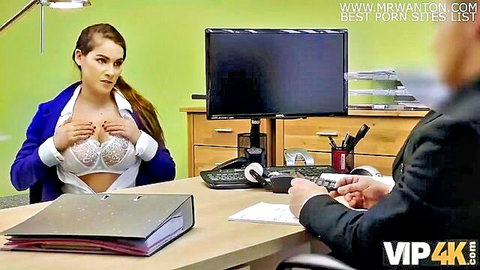 Brunette office teen unbuttons blouse exposing lacy bra and small perky tits to suited man