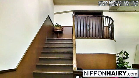 Hairy Japanese teen slut in gangbang on stairs