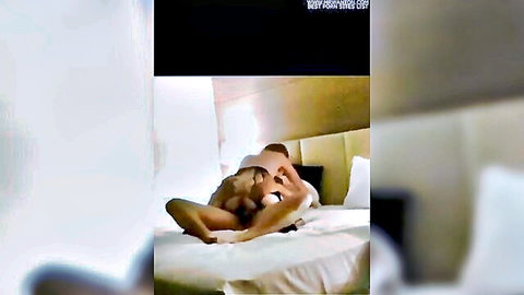 Amateur woman rides man in sheer bodystockings on hotel bed