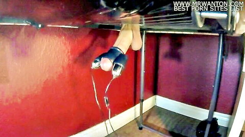 Milking table vibrator edging session with huge cumshot