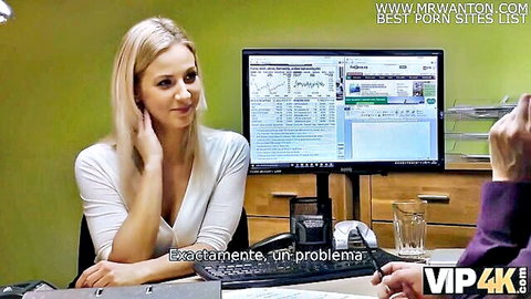 Blonde Nathaly in white top flirts with loan agent at desk in VIP4K
