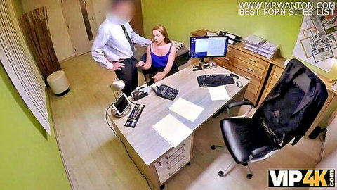 Nata Lee in tight purple dress teased by suited man in office