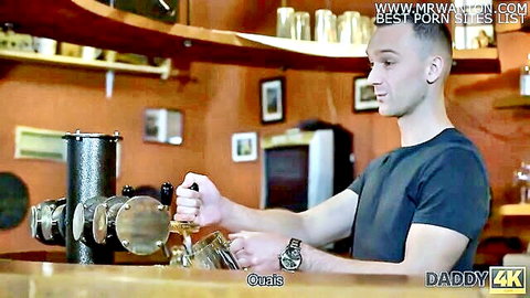 Daddy4K bartender pouring beer in bar, seductive setup with sexy miss incoming