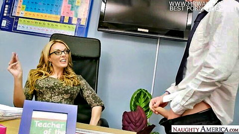 Stacey Saran as busty blonde teacher grabs student's cock in office