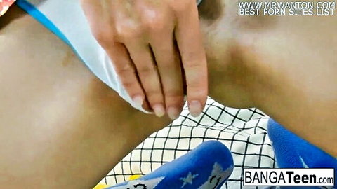 Russian teen in blue swimsuit gets hands on thighs for anal fun