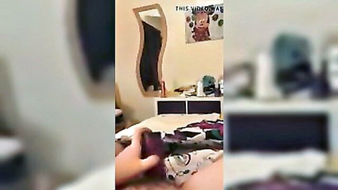Blurry British babe teasing between legs on bed in bedroom mirror