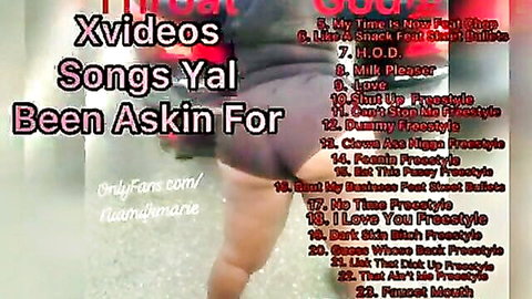 Hot model in freestyle pose with explicit rap parody text overlay