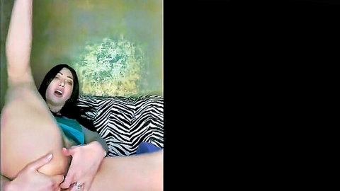 Skinny Asian brunette with long hair intensely masturbates shaved pussy and tight asshole with blue dildo solo