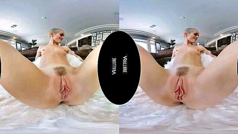 Skinny buzzcut babe spreads trimmed pussy wide open in bubble bath VR POV