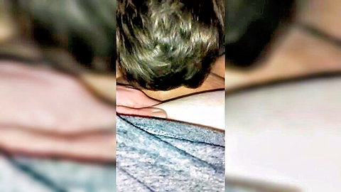 Blurry amateur closeup of short-haired woman eating pale BBW pussy from behind