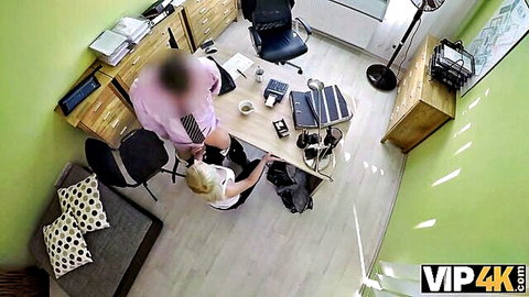 Blonde babe fucked from behind on office desk by repairman