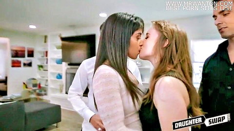 Indian brunette and blonde kissing passionately in threesome setup